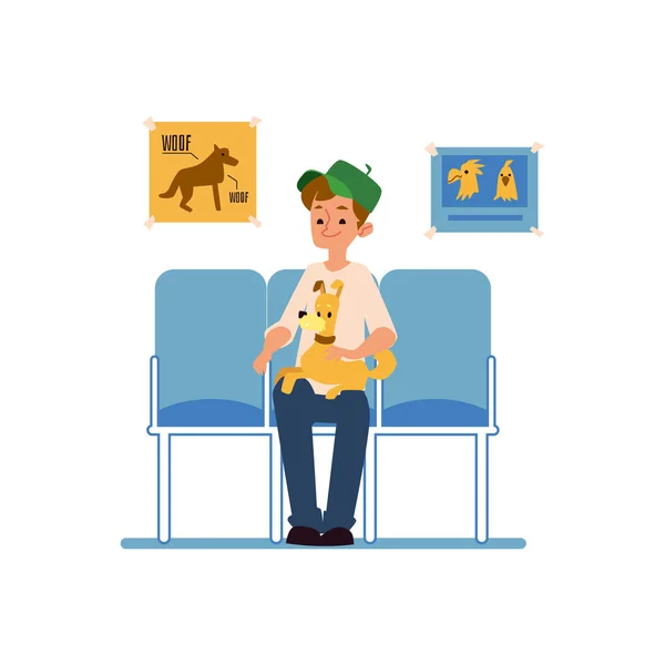 Un homme avec son chien est assis et attend une réception à la clinique vétérinaire . — Image vectorielle
