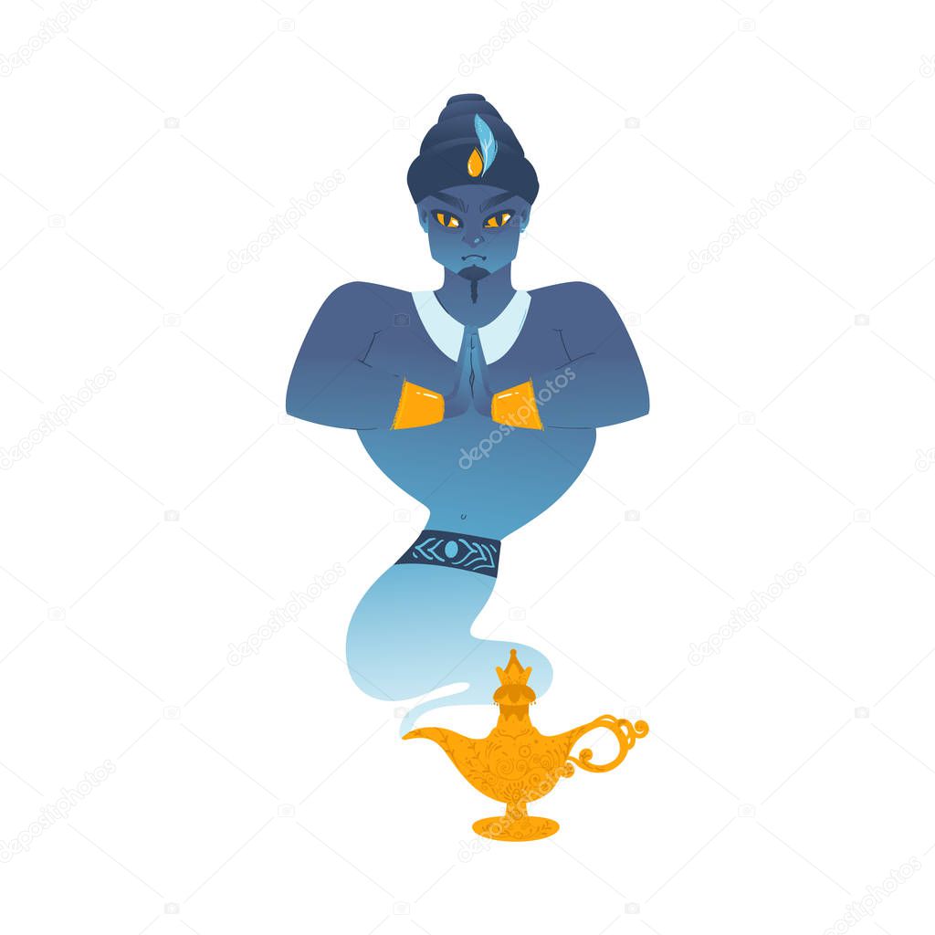 Genie of arab tales comes out of aladdins lamp flat vector illustration isolated.
