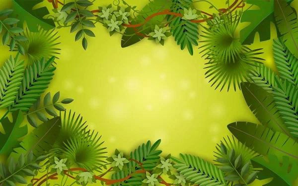 Cadre vert de jungle tropicale avec des feuilles colorées luxuriantes de différents palmiers et plantes exotiques — Image vectorielle