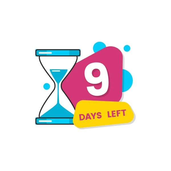 Nine days left., countdown with timer and hourglass. — Stock Vector