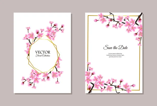 Conjunto de convite de casamento temático Sakura - modelo de texto com flores de flor de cereja — Vetor de Stock