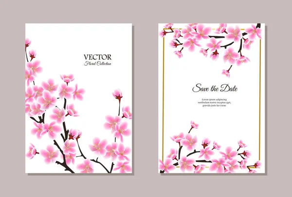 Salve o modelo de cartão de casamento de data com ilustração vetorial de flor de cereja . — Vetor de Stock