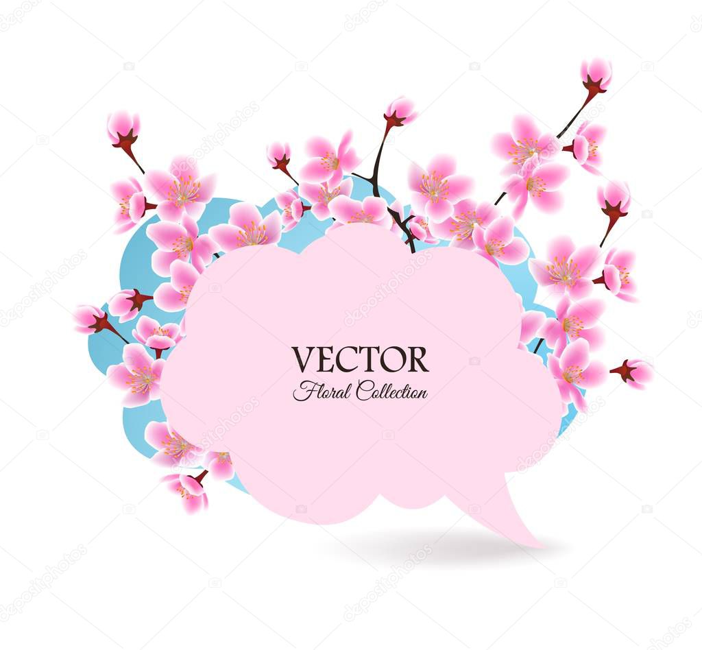 Floral banner with cherry flowers in bubble shape vector illustration isolated.