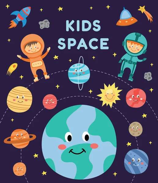 Děti v prostorově roztomilým kresleném astronauta v oblecích mezi usmívajícími se planetami a raketami — Stockový vektor