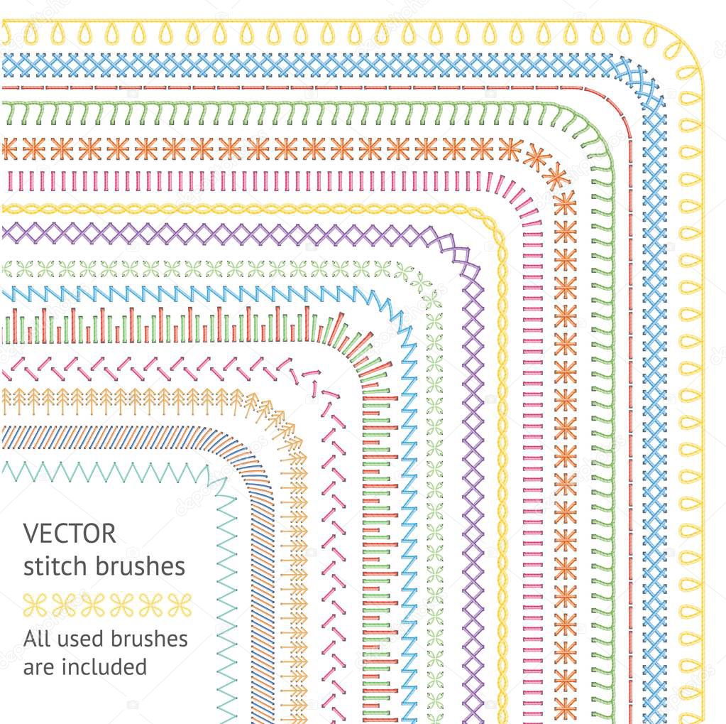 Seamless stitch brushes set of sewing seams vector illustration isolated on white.