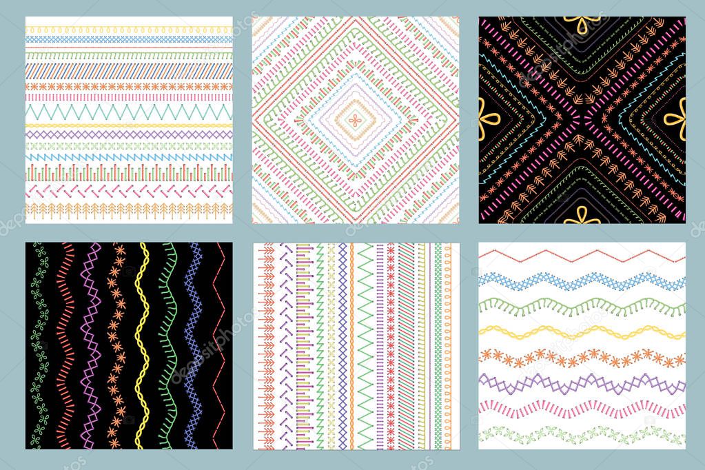 Sewing stitches seamless patterns set of vector illustrations on white and black.
