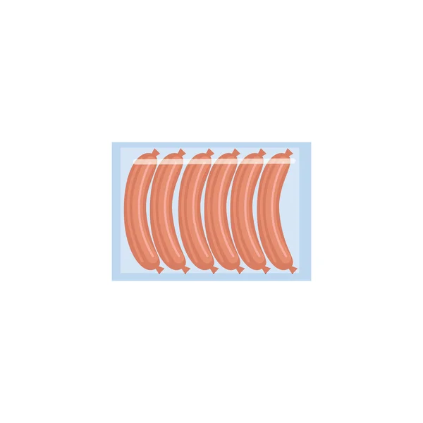 Ensemble de saucisses de viande isolées sur fond blanc, rangée de six hot-dogs crus dans un emballage en plastique transparent — Image vectorielle