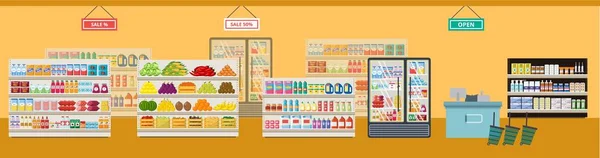 L'intérieur d'un supermarché et d'une épicerie avec étagères et produits . — Image vectorielle