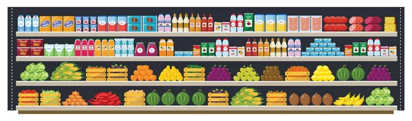 Grocery supermarket shelves flat vector seamless background illustration. — 스톡 벡터