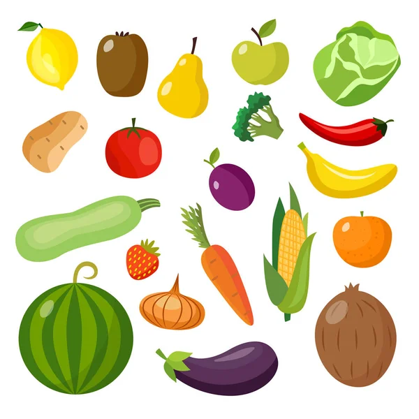 Isolated food items set - colorful fruits and vegetables in flat cartoon style. — Stock Vector