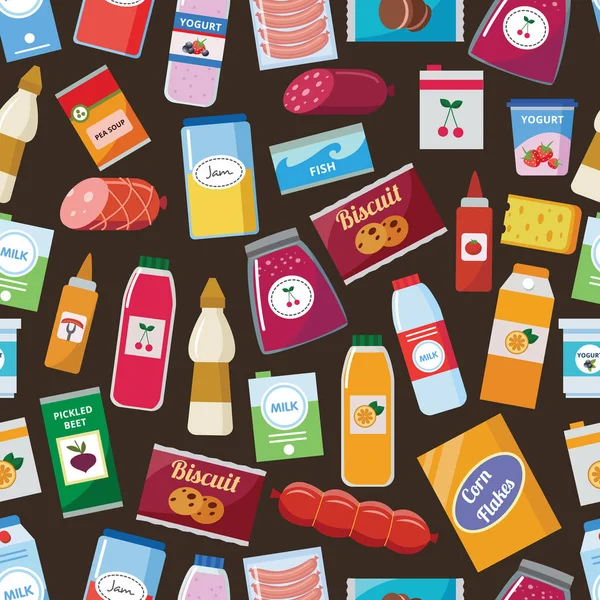 Alimentari modello senza soluzione di continuità - sfondo colorato fatto di bottiglie di succo — Vettoriale Stock