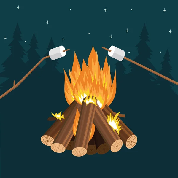 Braden marshmallow op stokken bij het vuur en het kampvuur vlam. — Stockvector