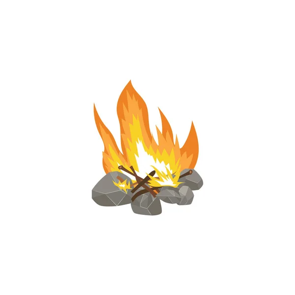 Cartoon ognisko z gorącym pomarańczowym płomieniem i drewno opałowe na fundamencie kamienia — Wektor stockowy