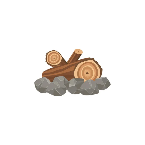 Fogata y fogata hecha de grandes troncos de madera marrón y piedras . — Vector de stock