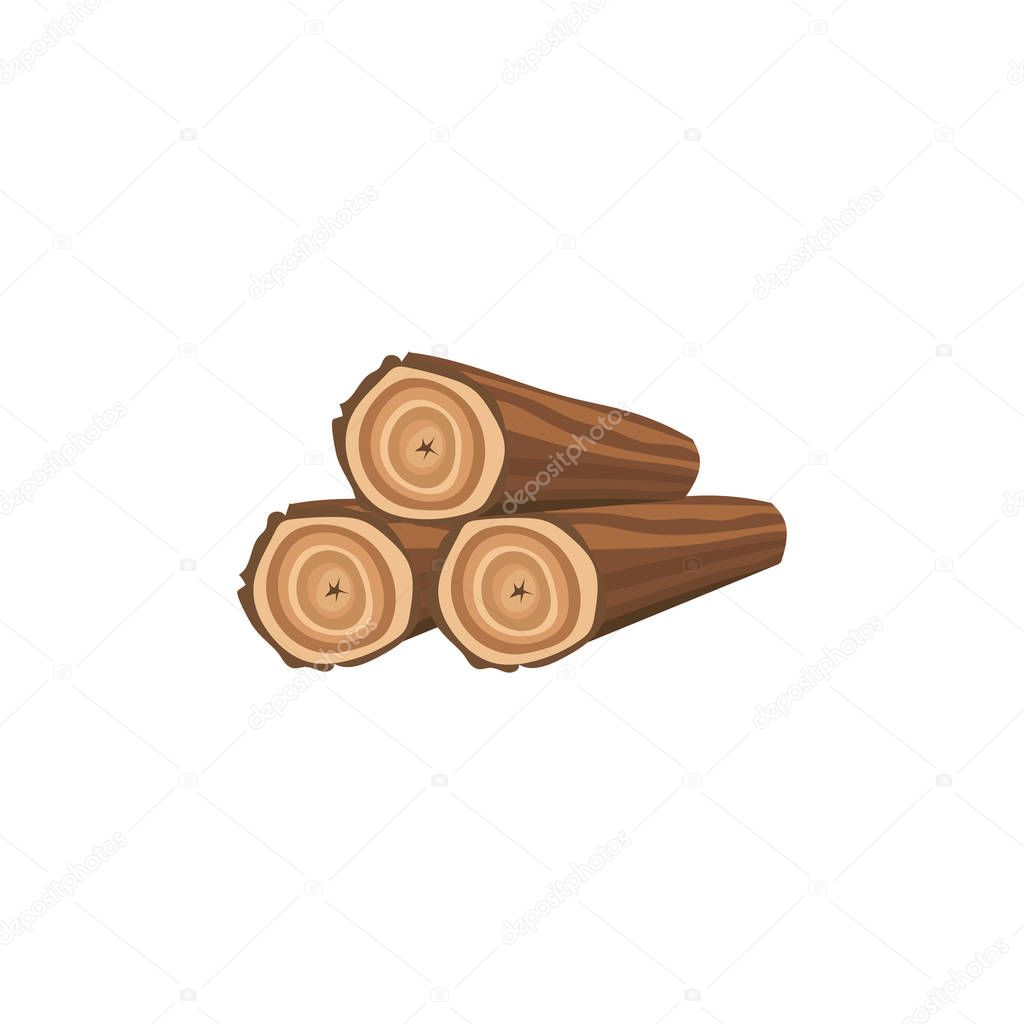 Cartoon firewood stack icon with three wood logs isolated on white background