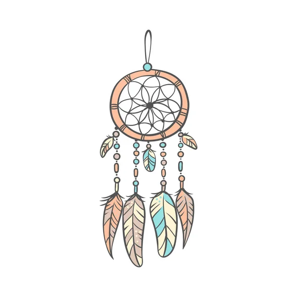 Stylish dream catcher with feathers in soft colors doodle vector illustration isolated.