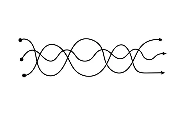 Drei Pfeile verflochten in wellenförmigen Linien, kurviges, gepflegtes Wellengewirr, das verschiedene Wege zeigt, die sich kreuzen — Stockvektor