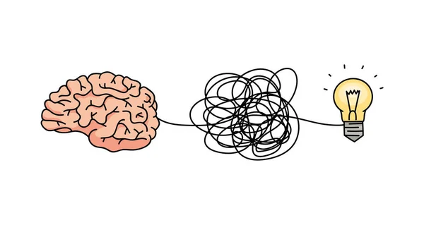 Otak membentuk ide melalui garis berantakan kusut terhubung ke simbol bola lampu - Stok Vektor