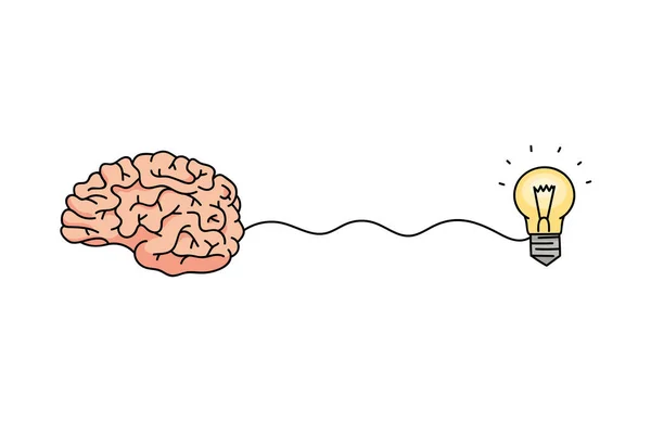 Beyin bir fikir oluşturma - karikatür el çizilmiş simge dalgalı çizgi ile ampul sembolü ne bağlı — Stok Vektör