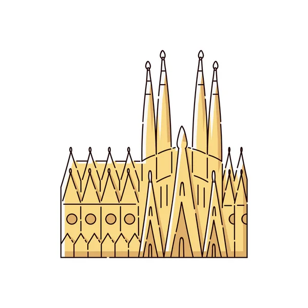 Διάσημο κτίριο ορόσημο της Βαρκελώνης-Σαγράδα Φαμίλια επίπεδη κίτρινη εικόνα απομονώνεται σε λευκό φόντο — Διανυσματικό Αρχείο