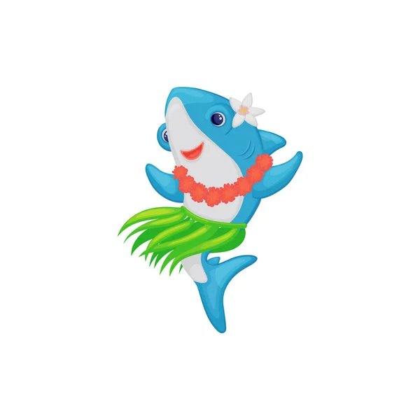蓝鲨跳舞在夏威夷女孩服装一个平面矢量插图孤立. — 图库矢量图片