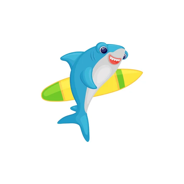 Cute Cartoon Shark gospodarstwa surfowania pokładzie, zabawny charakter ryb surfer — Wektor stockowy