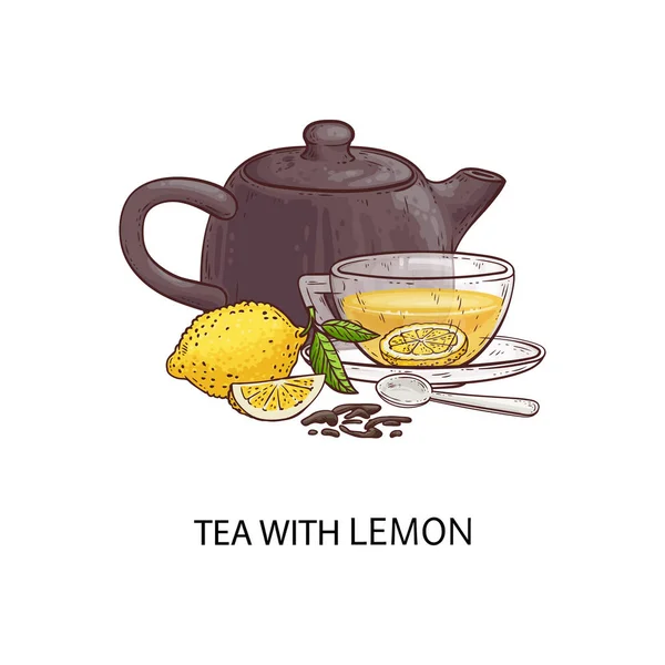 Té con limón - dibujo de dibujos animados de taza de vidrio con bebida amarilla — Archivo Imágenes Vectoriales