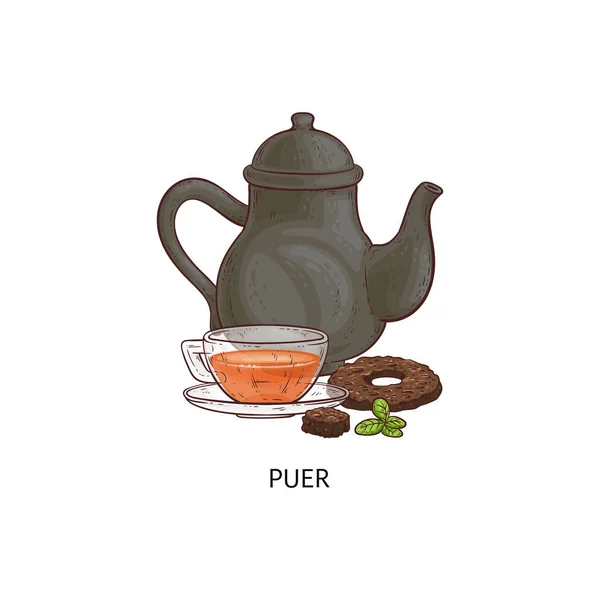 푸어 차 - 유리 찻잔과 홍주전자에 전통 아시아 뜨거운 음료 — 스톡 벡터