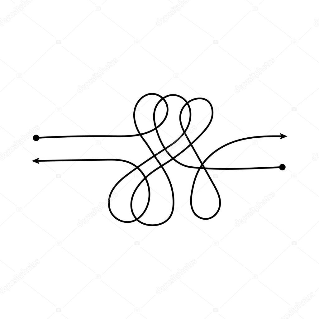 Two opposite directions tangled black arrow lines vector illustration isolated.