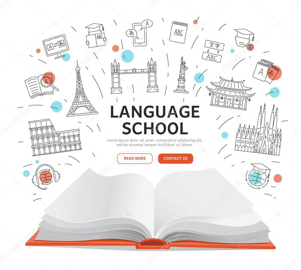 Language school landing page - open book with education symbols