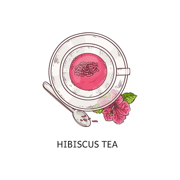 Hibiscus té - bastante bebida rosa con pétalos de flores secas flotando dentro de la taza de vidrio — Vector de stock