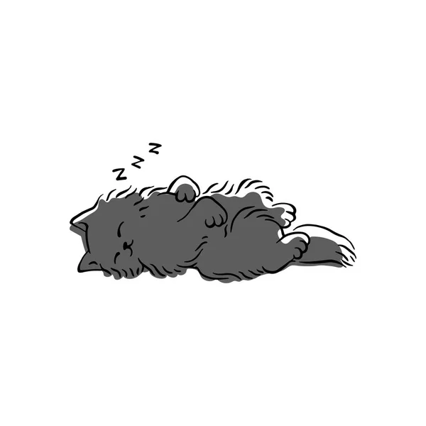 Cute grey cat sleeping on its back - simple cartoon drawing of fluffy pet animal — Stock Vector