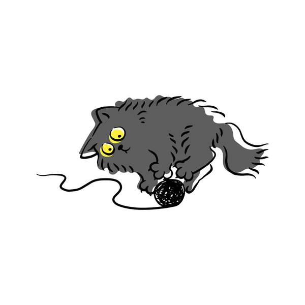 Iplik ile oynayan gri kedi komik karikatür çizim — Stok Vektör
