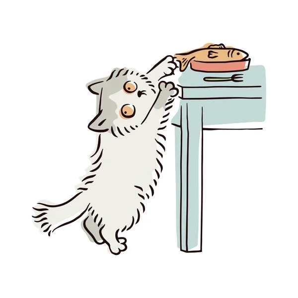 横幅与顽皮的俏皮猫偷食物素描矢量插图孤立. — 图库矢量图片