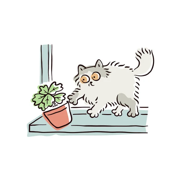 Gatto dei cartoni animati spingendo un vaso di fiori dal davanzale della finestra, divertente animale domestico cattivo rompere le cose . — Vettoriale Stock