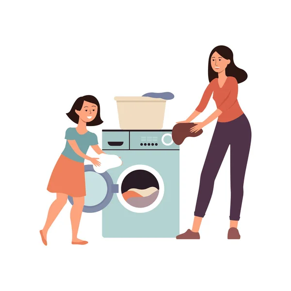 Scena familiare una figlia aiuta sua madre a casa piatto vettore illustrazione isolato . — Vettoriale Stock