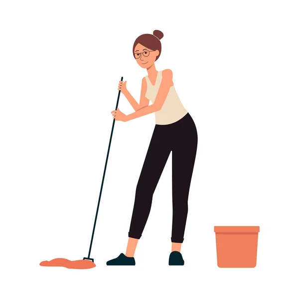 Perempuan mencuci lantai dengan mop kartun karakter datar vektor ilustrasi terisolasi . - Stok Vektor