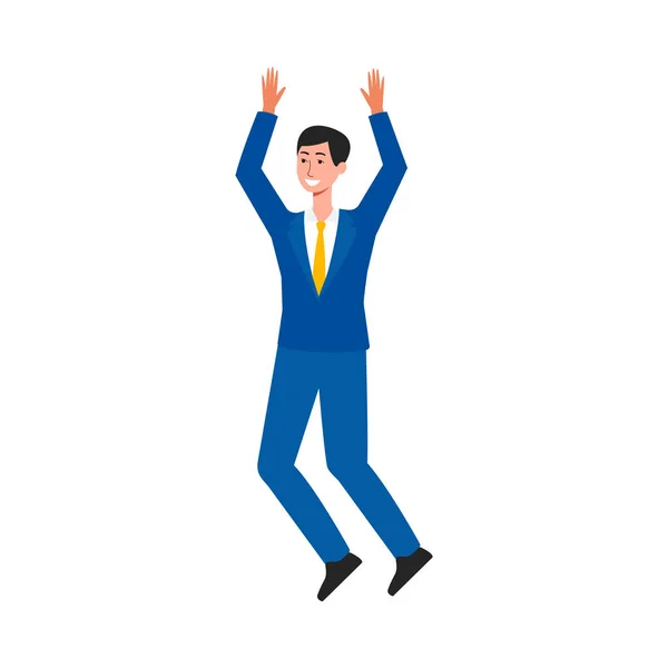 Feliz hombre de negocios saltando en el aire - personaje de dibujos animados masculinos en traje de negocios a mitad de salto — Vector de stock