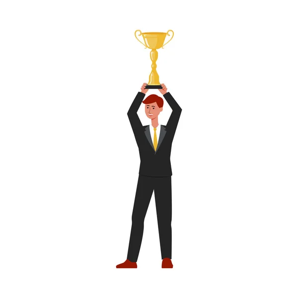 Businessman holding an award trophy above head, business success celebration cup winner isolated on white background. — Stock Vector