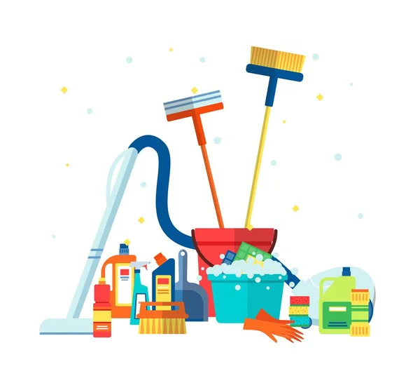 House cleaning tools and products packs flat vector illustration isolated. — Διανυσματικό Αρχείο