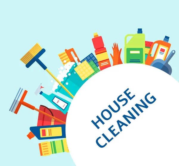Banner de limpieza de la casa - suministros coloridos para el hogar dispuestos alrededor de un círculo — Vector de stock