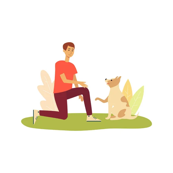 Perro de dibujos animados dando a un hombre su pata, linda mascota y su dueño — Vector de stock