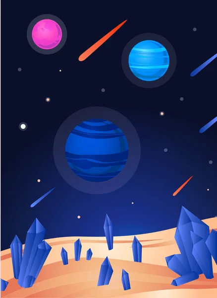 Cartaz de paisagem espacial - vista colorida de planeta de areia com cristais azuis — Vetor de Stock