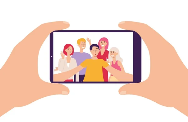 Οθόνη smartphone και οι άνθρωποι που παίρνουν selfie επίπεδη απεικόνιση μεμονωμένο. — Διανυσματικό Αρχείο