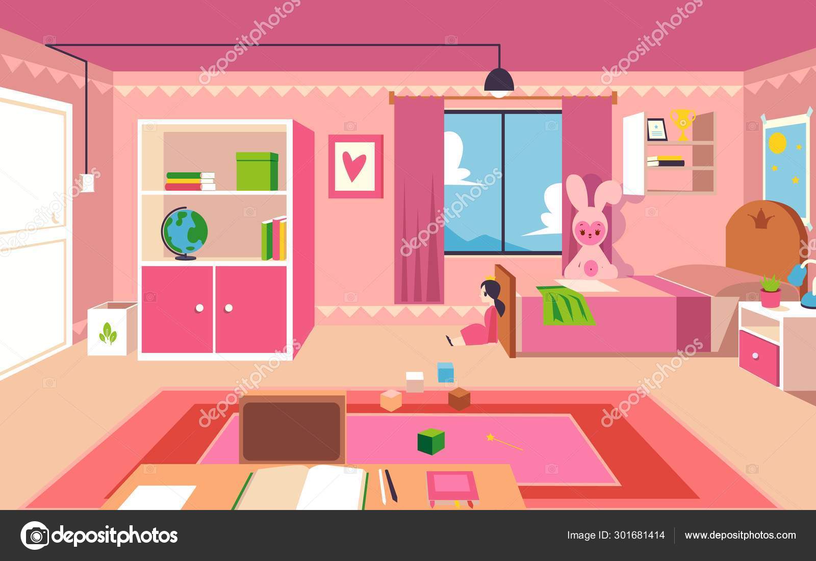 Little girl bedroom - interior design of a kid room with pink furniture  Stock Vector Image by ©Sabelskaya #301681414