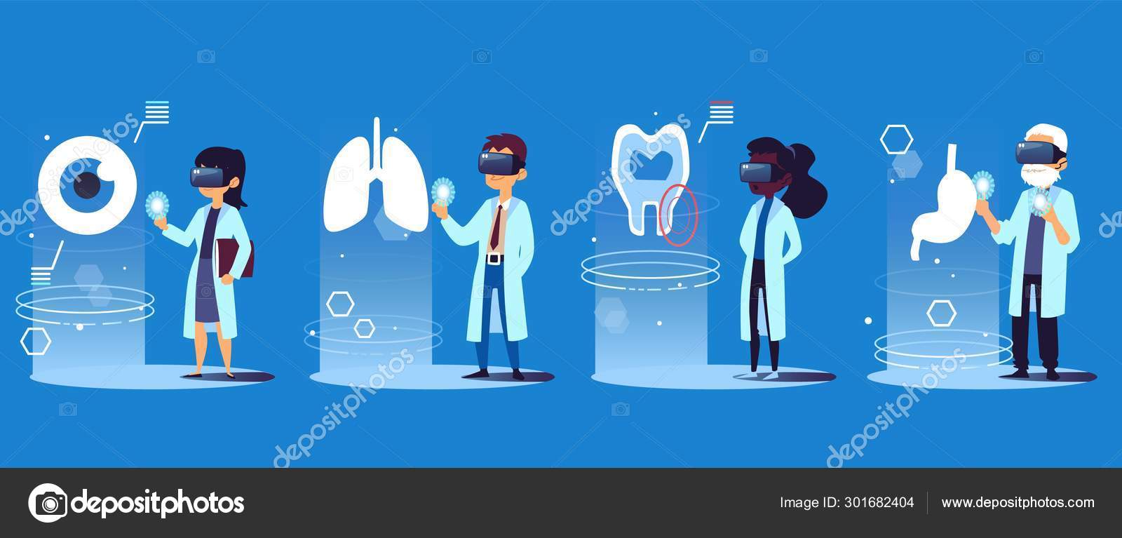 Doctor cartoon character set in VR virtual reality glasses doing medical  analysis of human organs Stock Vector Image by ©Sabelskaya #301682404