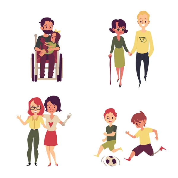 障害を持つ漫画の人々は完全な生活を送っている - 友人と歩いている女の子、サッカーをしている少年、車椅子の男が子供を抱いている — ストックベクタ