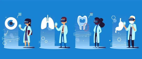 Personagem de desenho animado médico definido em óculos de realidade virtual VR fazendo análise médica de órgãos humanos —  Vetores de Stock