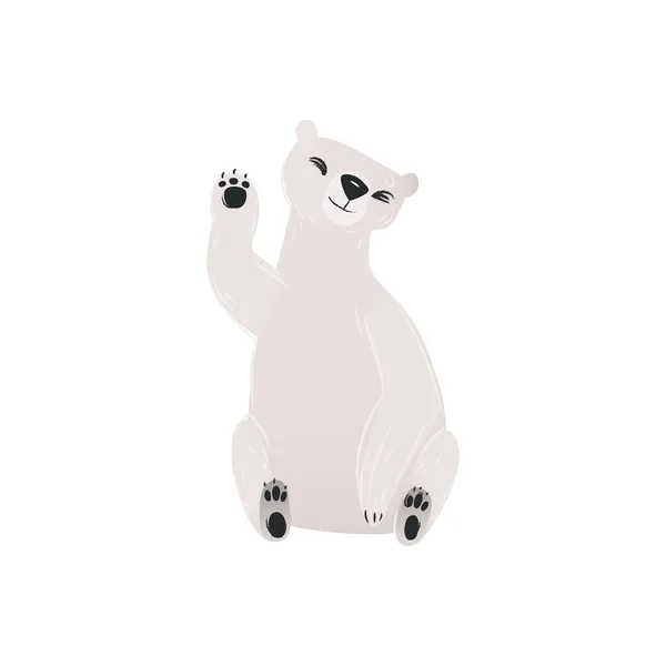 Niedliche Karikatur Eisbär sitzt und winkt, isoliertes Wildtier in handgezeichnetem Doodle-Stil. — Stockvektor