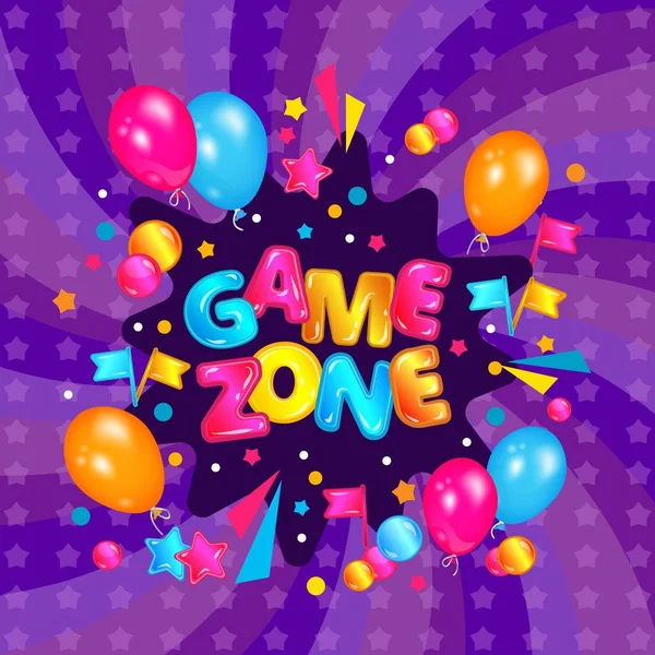 Spel zone banner voor chilren speelruimte, kleurrijke labelontwerp met ballonnen, confetti explosie en vlaggen — Stockvector